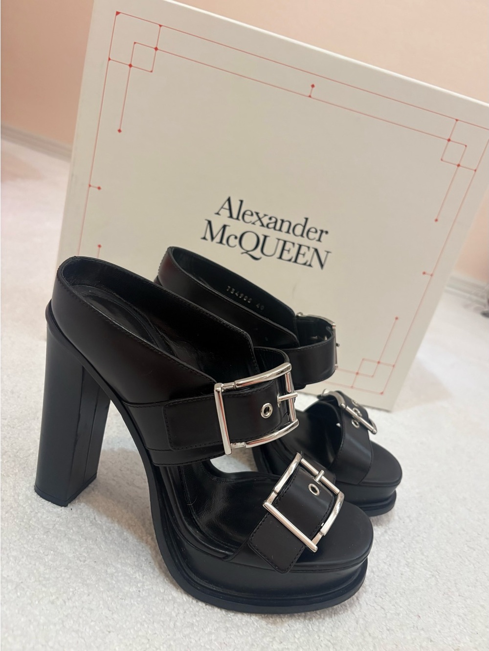 Alexander McQueen Black Leather Platform Buckle Heels - Picture 1 of 14